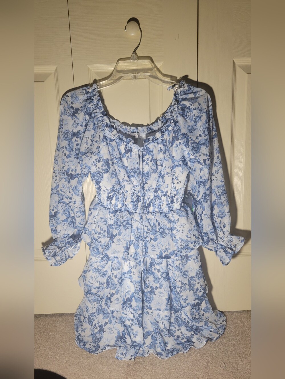 Blue and White Floral On-or-Off The Shoulder Dress